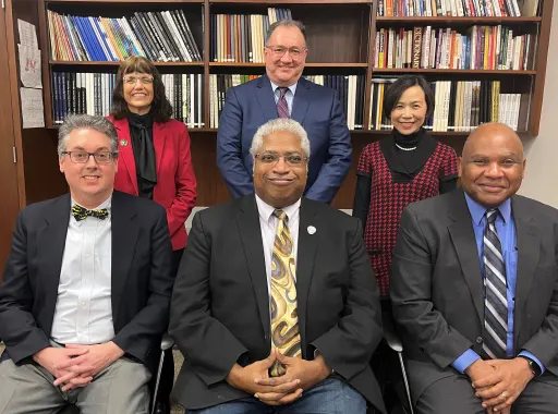 Picture of 2023 Roseville School Board.
Back (from left to right): Kitty Gogins, Mike Boguszewski, Rose Chu. 
Front (from left to right): Todd Anderson, Curtis Johnson, Mannix Clark