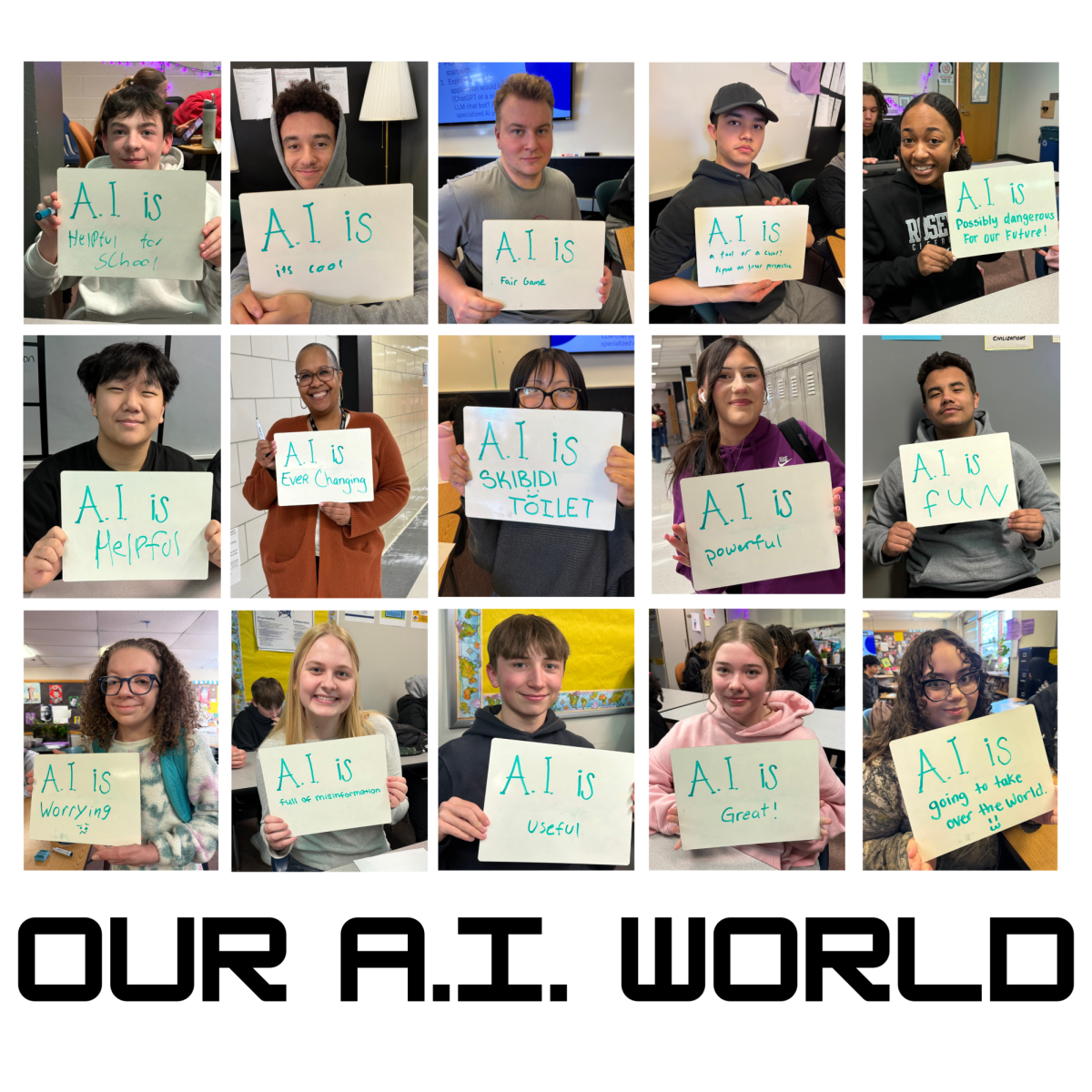 RAHS community members express their opinions about AI on whiteboards.