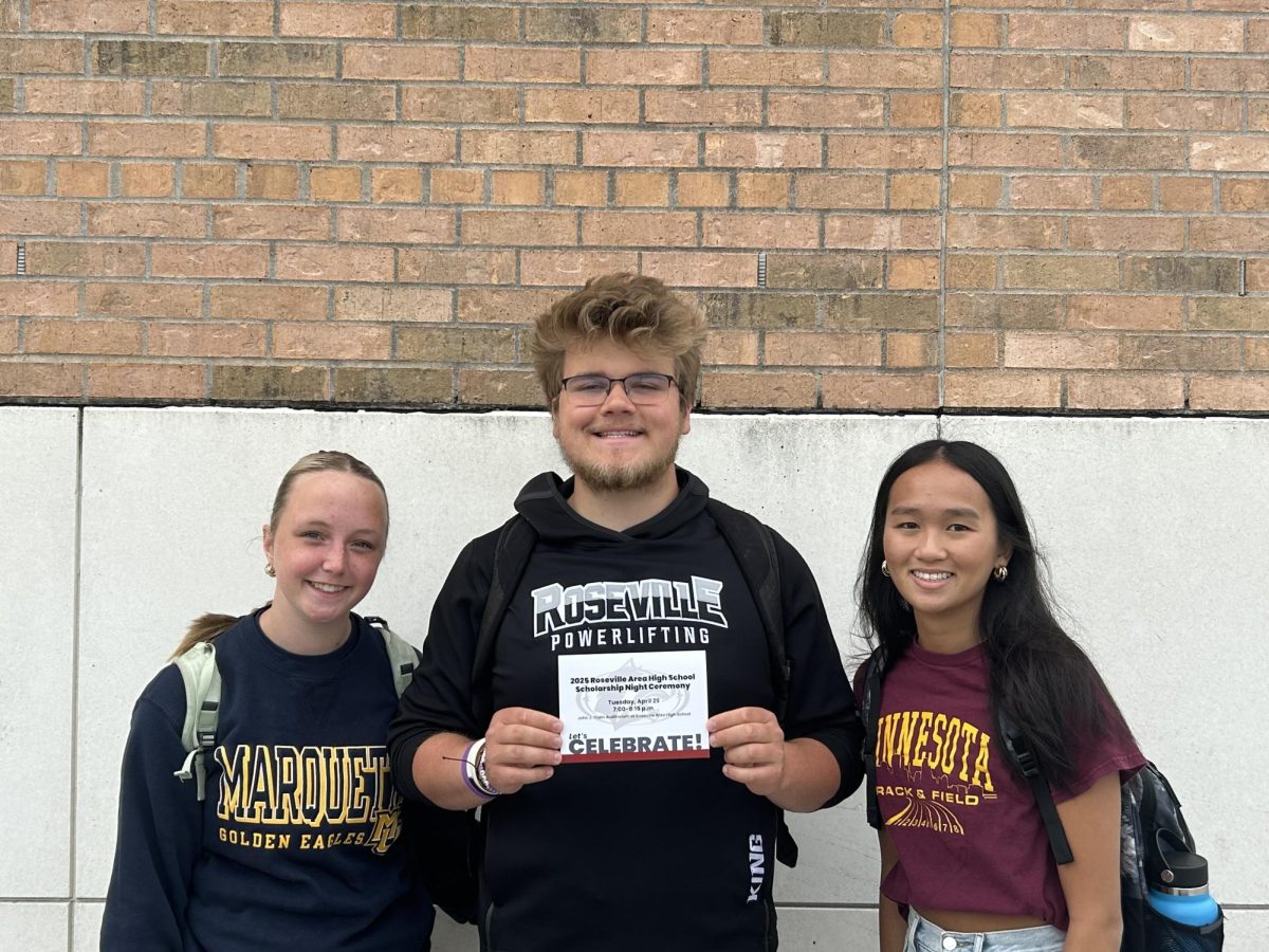 Roseville Area High School seniors Natalie Horsman (left), Owen King (middle), and Sophia Dang (right) reflect on what scholarship night meant to them. Dang stated, “scholarship night is important to me because it shows good deeds come back around.” 